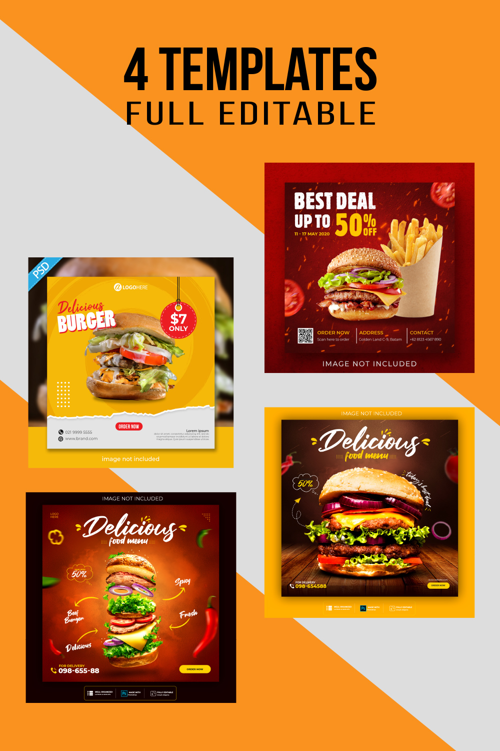 4 Modern Burgers Post Designs pinterest preview image.