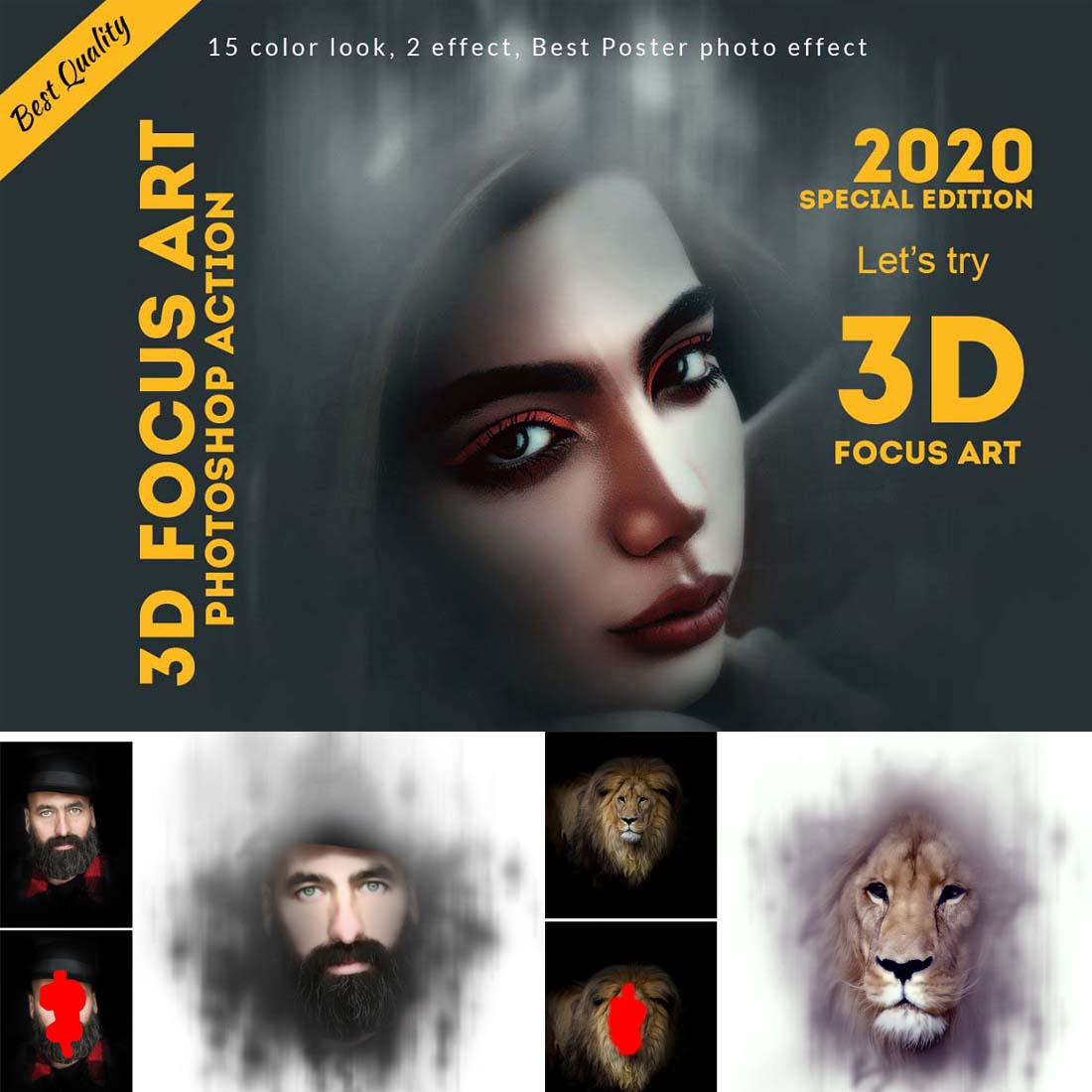 3D Focus Art Effect Photoshop Action cover image.