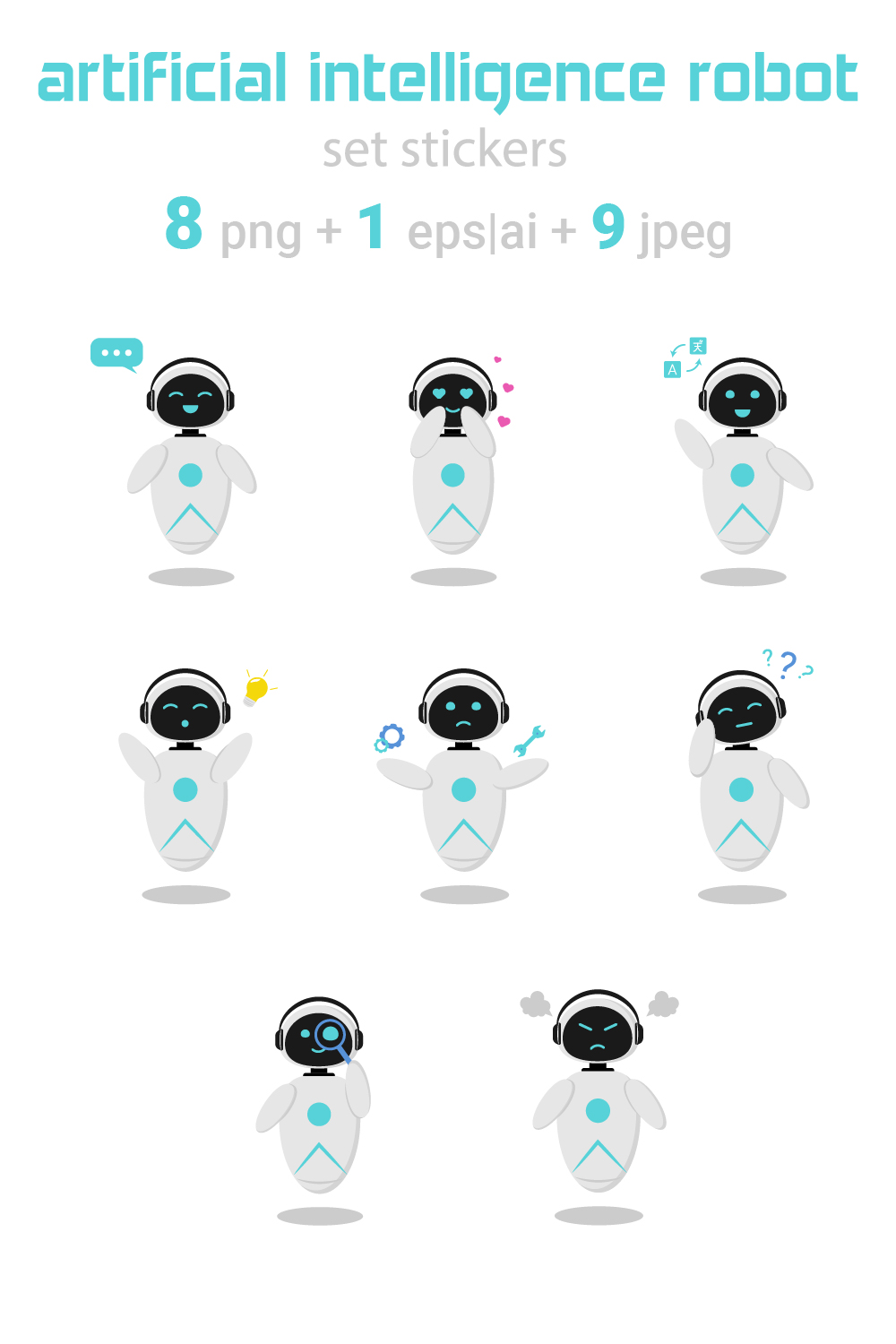Set of robot stickers with artificial intelligence pinterest preview image.