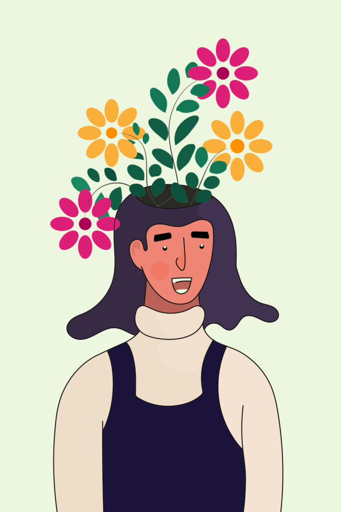 Woman with flowers in her head. Mental Health awareness illustration ...