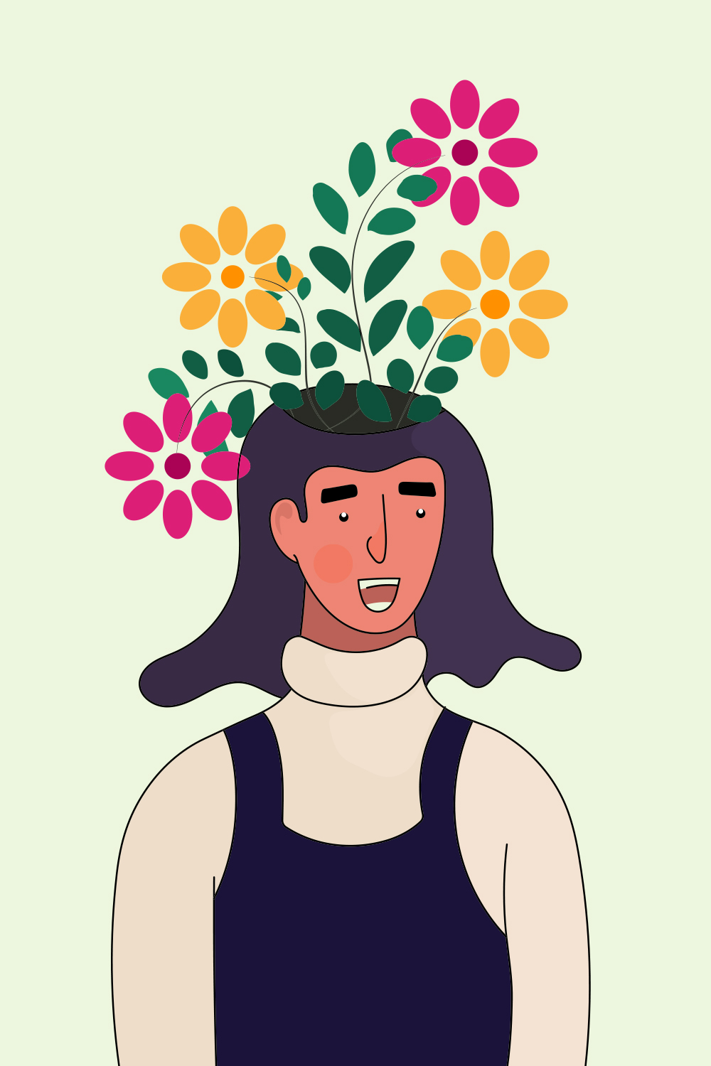 Woman with flowers in her head Mental Health awareness illustration pinterest preview image.
