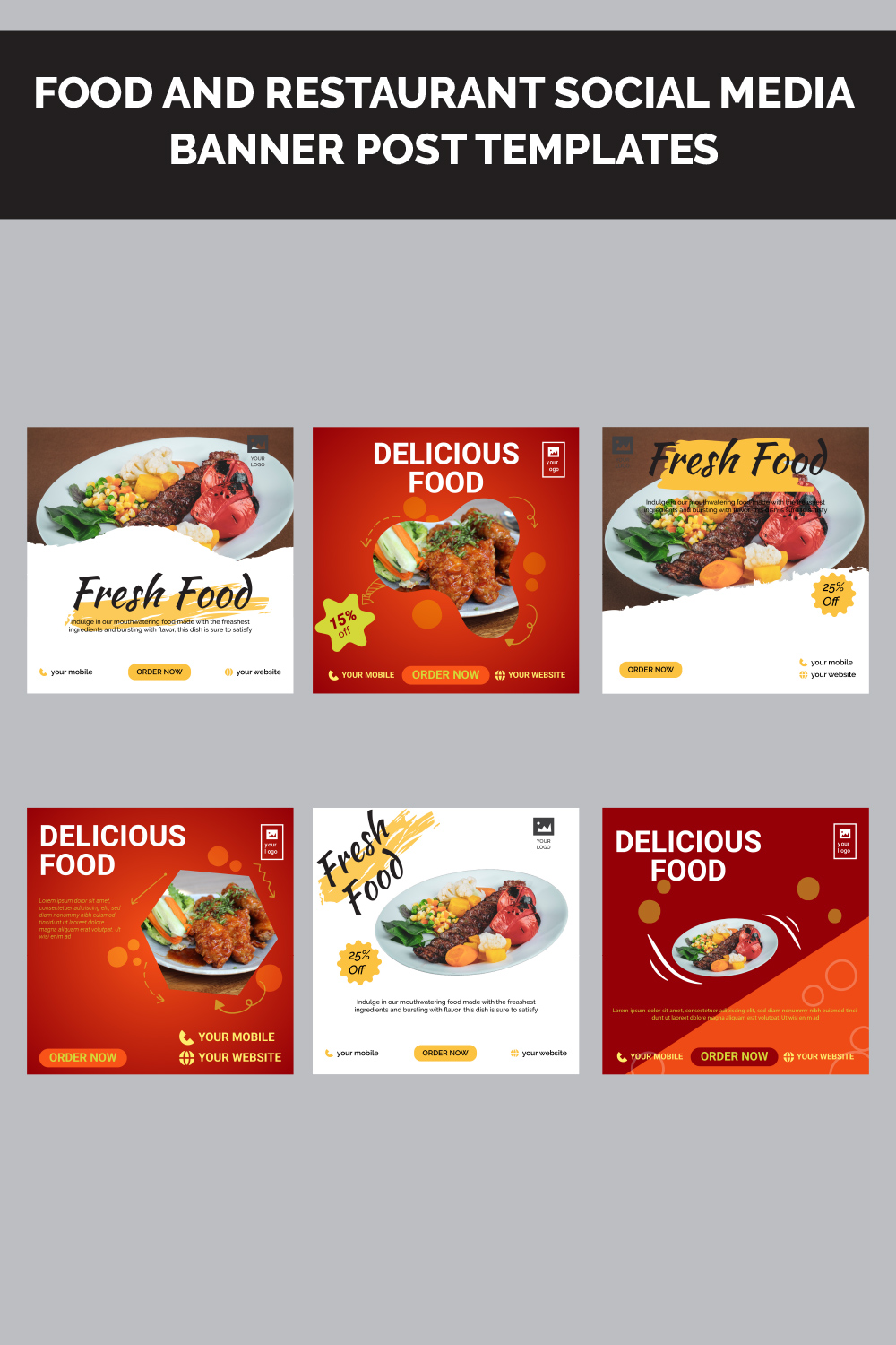 Food and restaurant social media banner post templates pinterest preview image.