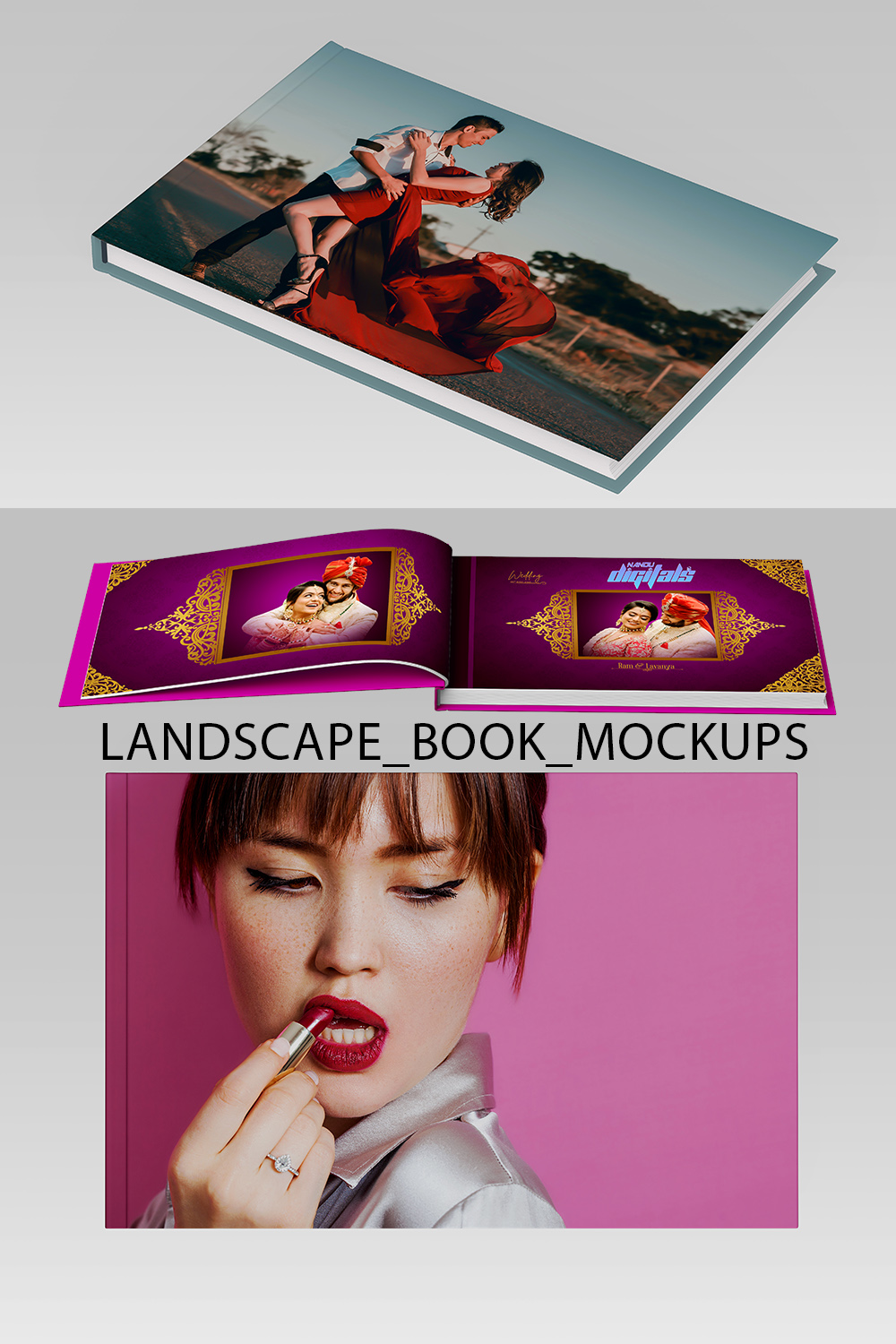 Wedding Fashion Landscape Book Mockups 3 Bundle pinterest preview image.