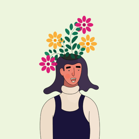 Woman with flowers in her head Mental Health awareness illustration cover image.