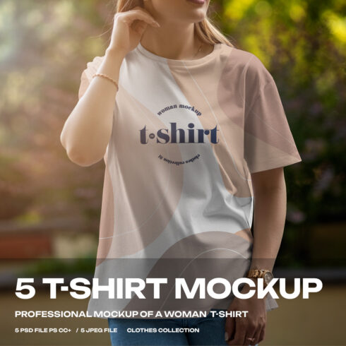 5 Mockups T-Shirt on a Girl Walking in the Park cover image.