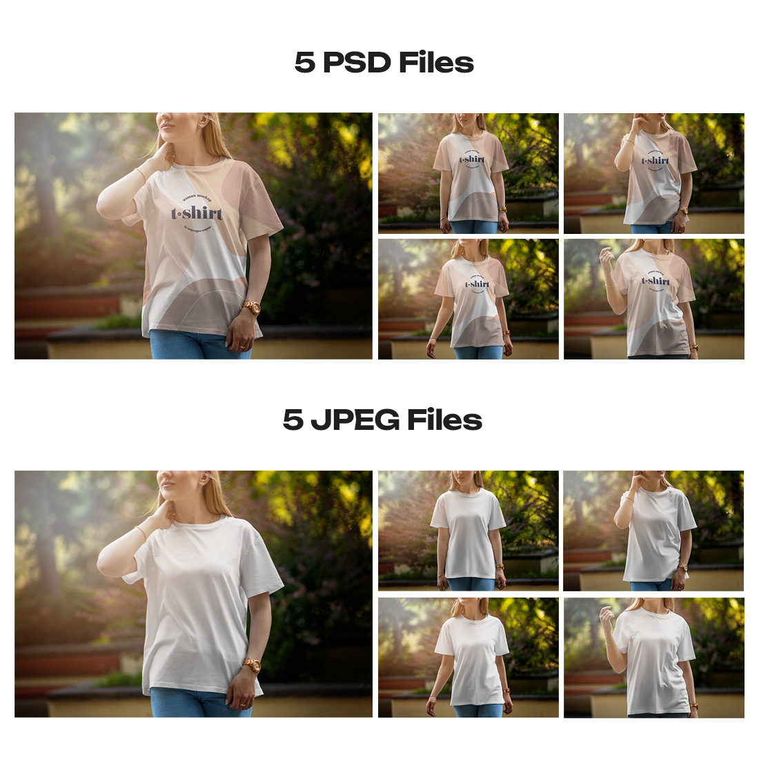 5 Mockups T-Shirt on a Girl Walking in the Park preview image.