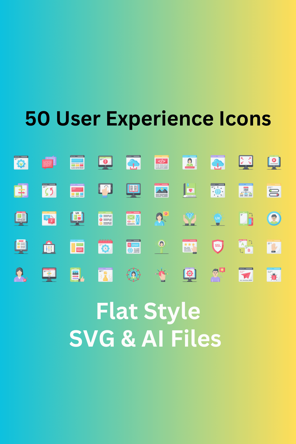 User Experience Icon Set 50 Flat Icons - SVG And AI Files pinterest preview image.