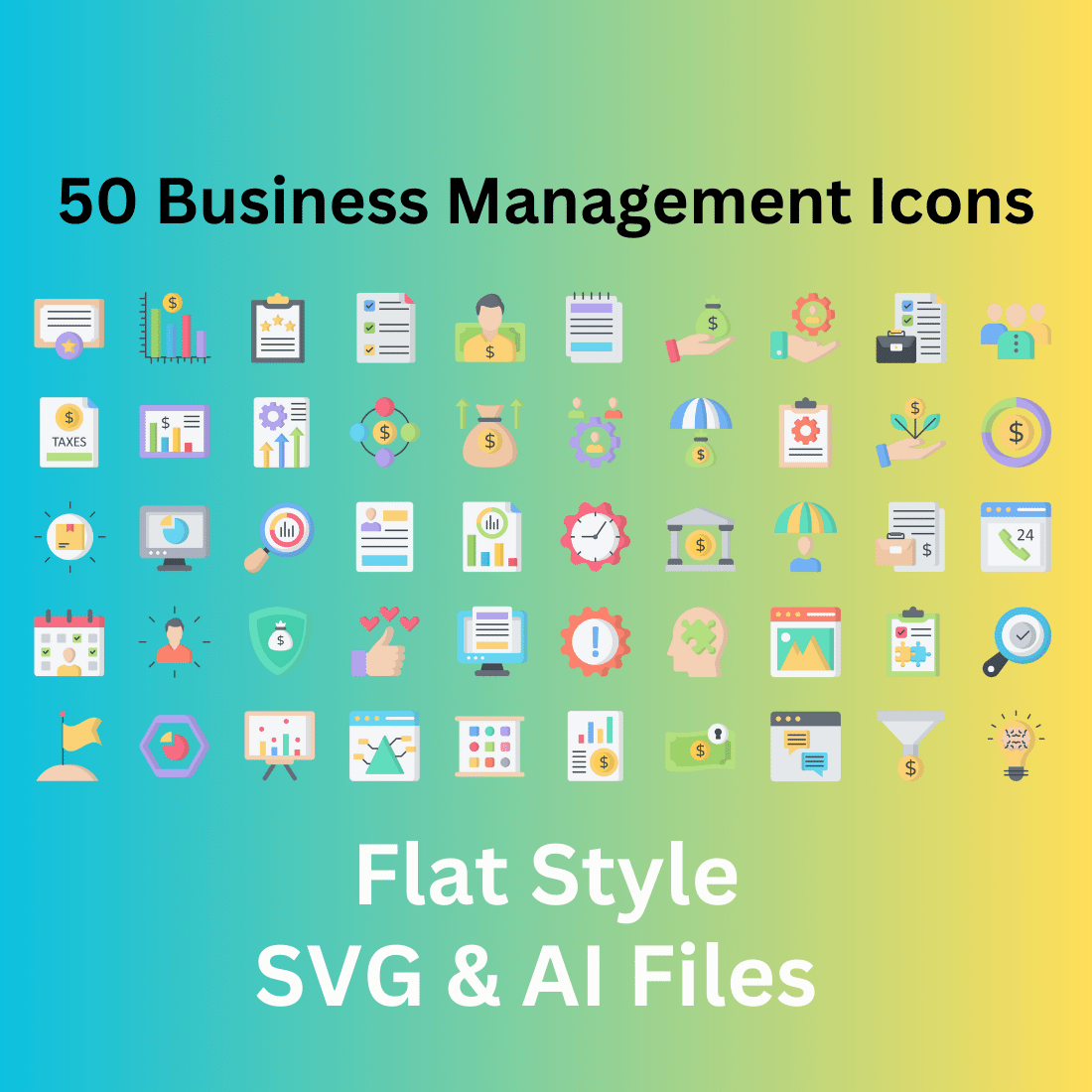 Business Management Icon Set 50 Flat Icons - SVG And AI Files cover image.