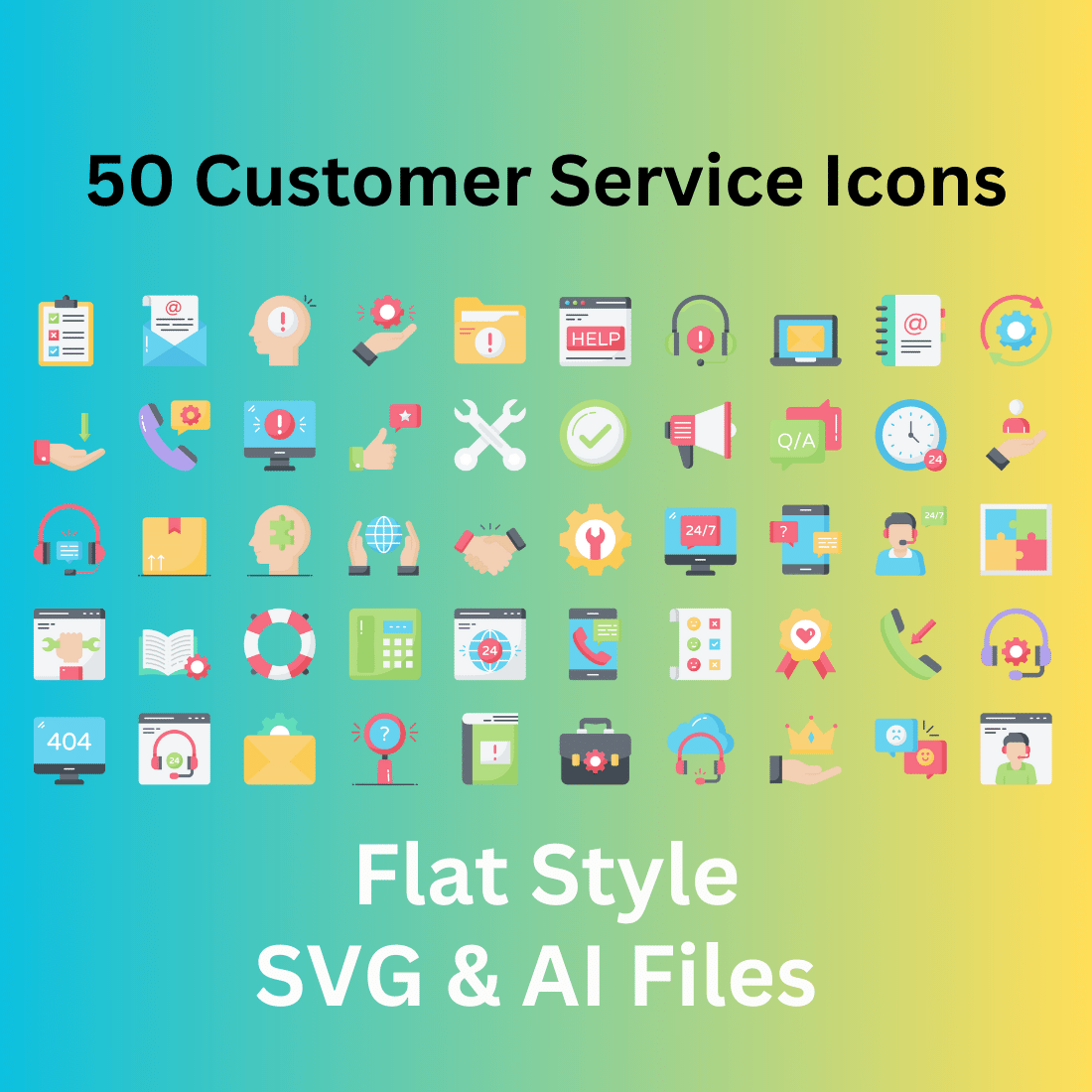 Customer Service Icon Set 50 Flat Icons - SVG And AI Files cover image.