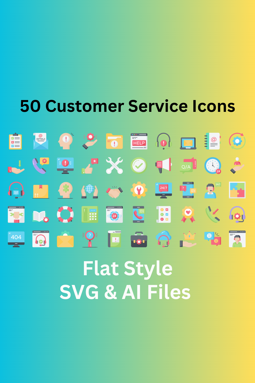 Customer Service Icon Set 50 Flat Icons - SVG And AI Files pinterest preview image.