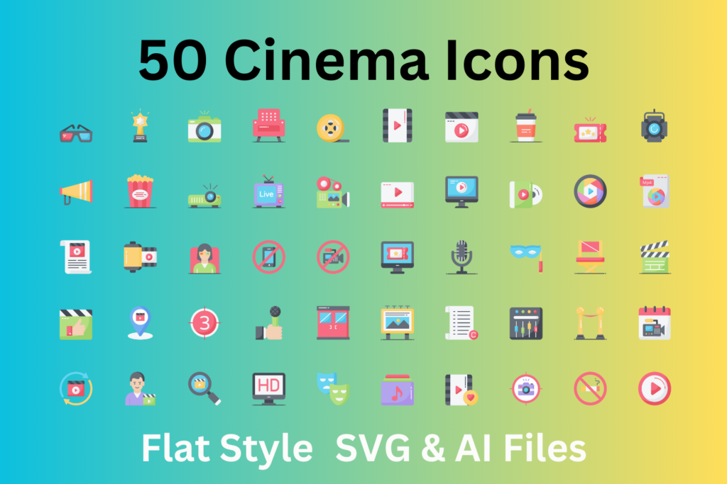 Cinema Icon Set 50 Flat Icons - SVG And AI Files - MasterBundles