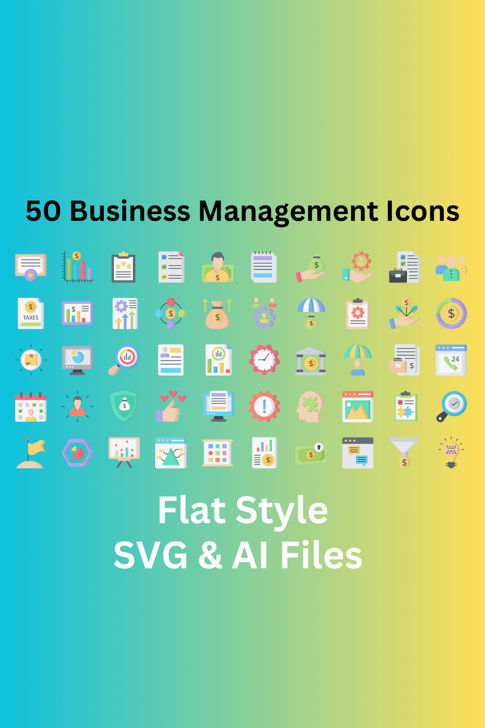 Business Management Icon Set 50 Flat Icons - SVG And AI Files pinterest preview image.