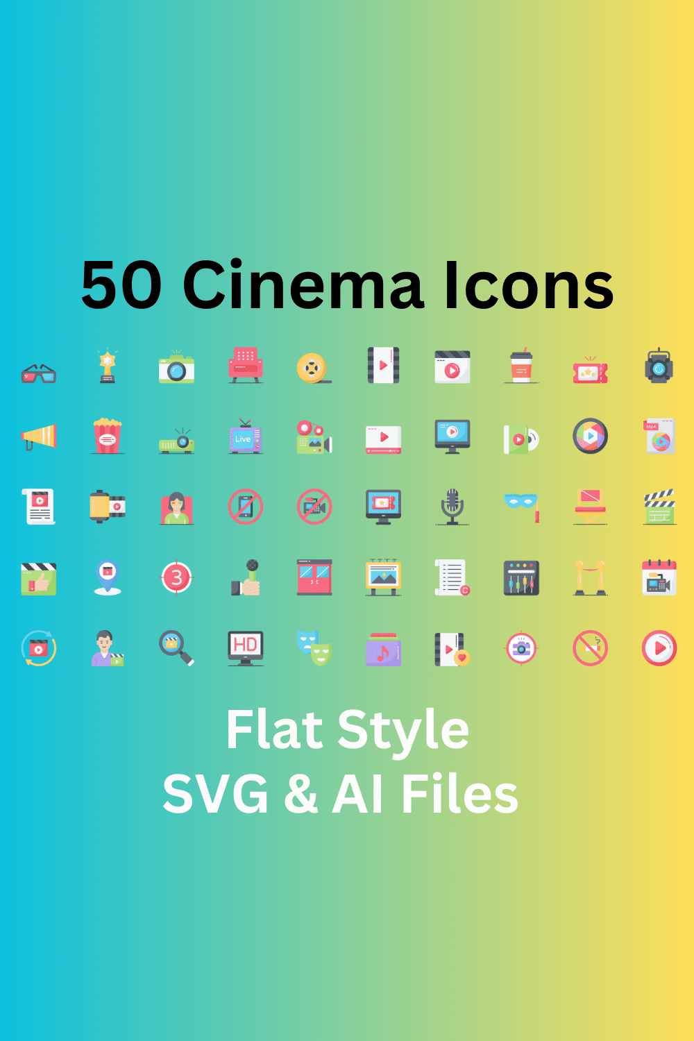 Cinema Icon Set 50 Flat Icons - SVG And AI Files pinterest preview image.