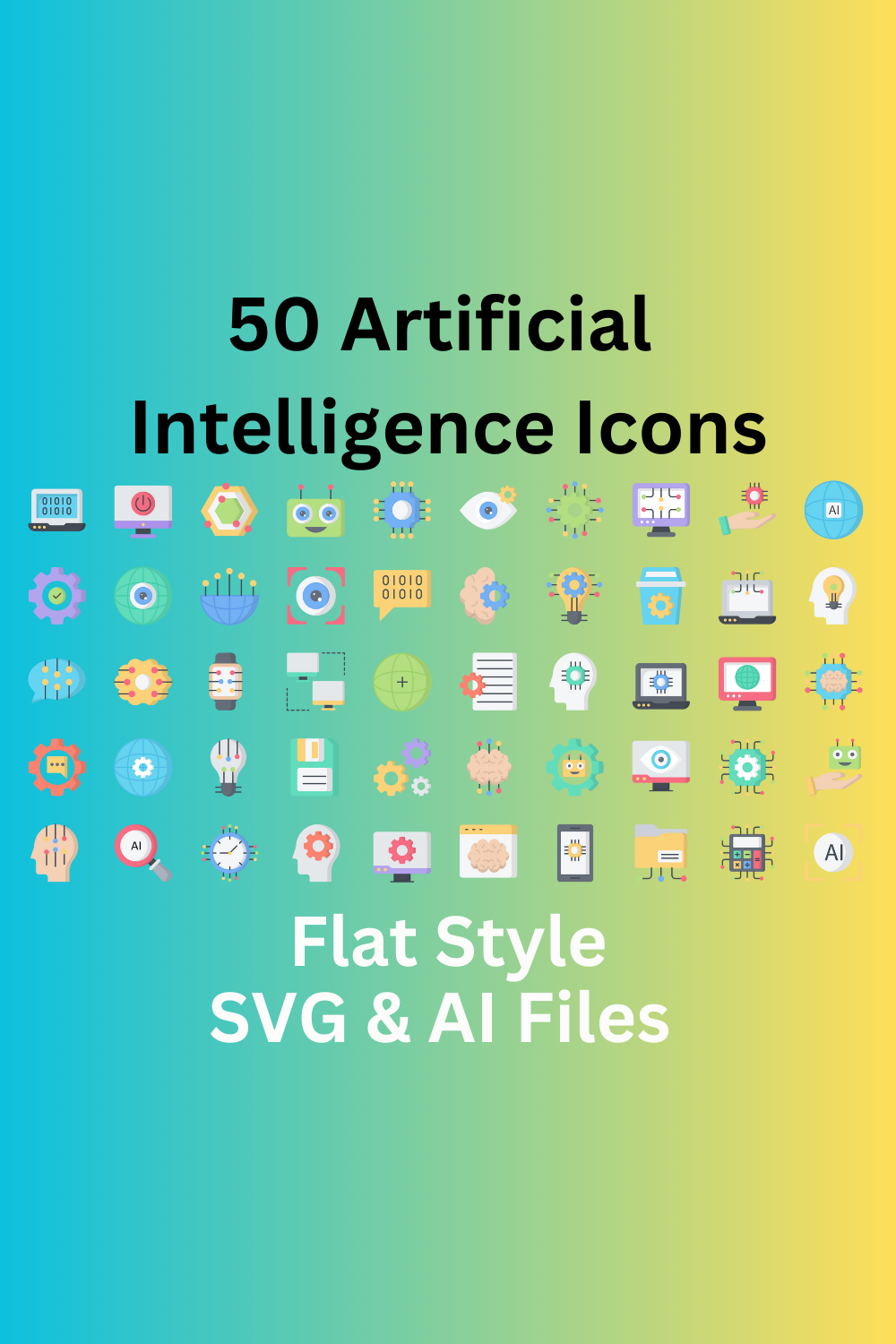 Artificial Intelligence Icon Set 50 Flat Icons - SVG And AI pinterest preview image.