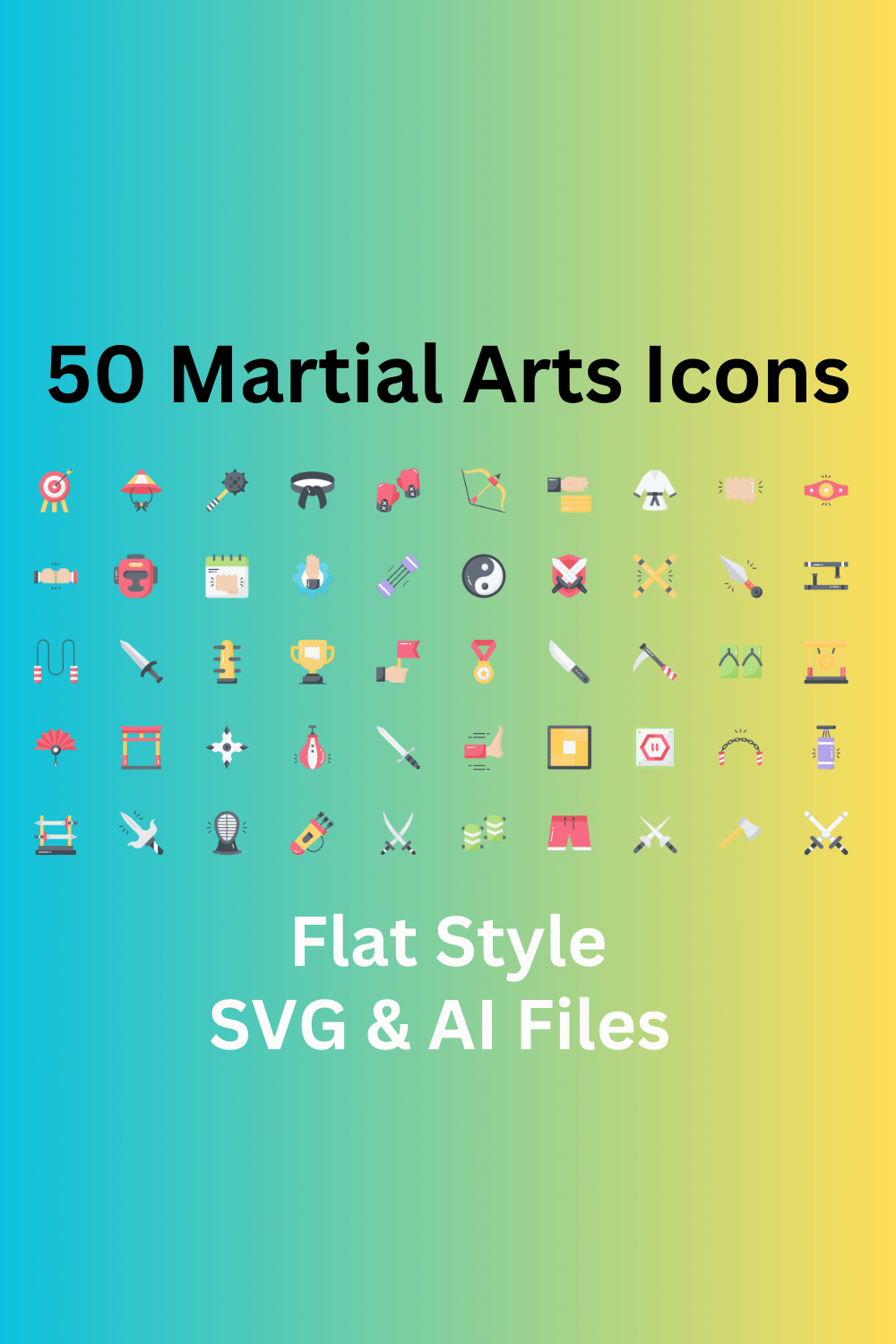 Martial Arts Icon Set 50 Flat Icons - SVG And AI Files pinterest preview image.