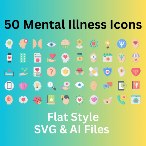 Mental Illness Icon Set 50 Flat Icons - SVG And AI Files cover image.