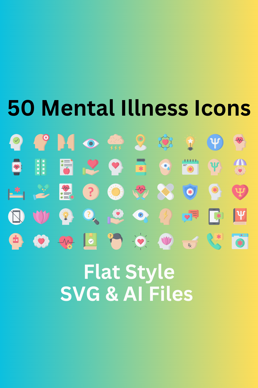 Mental Illness Icon Set 50 Flat Icons - SVG And AI Files pinterest preview image.