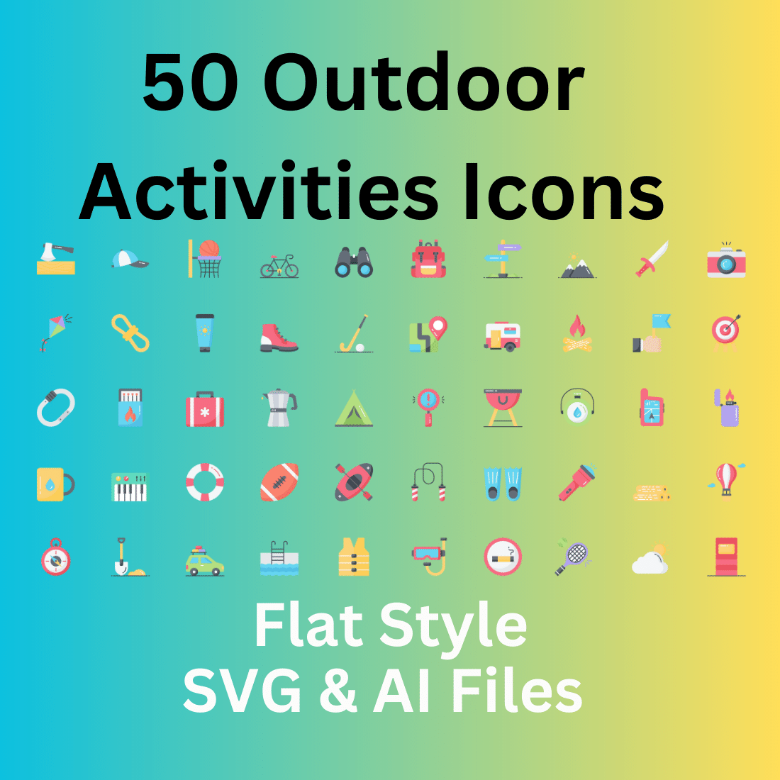 Outdoor Activities Icon Set 50 Flat Icons - SVG And AI Files cover image.