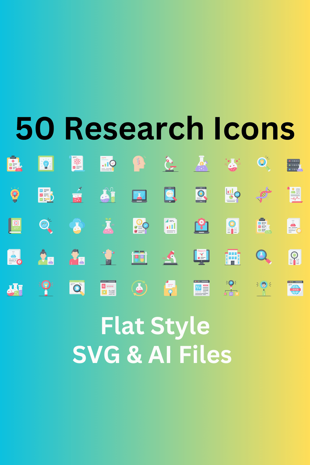 Research Icon Set 50 Flat Icons - SVG And AI Files pinterest preview image.