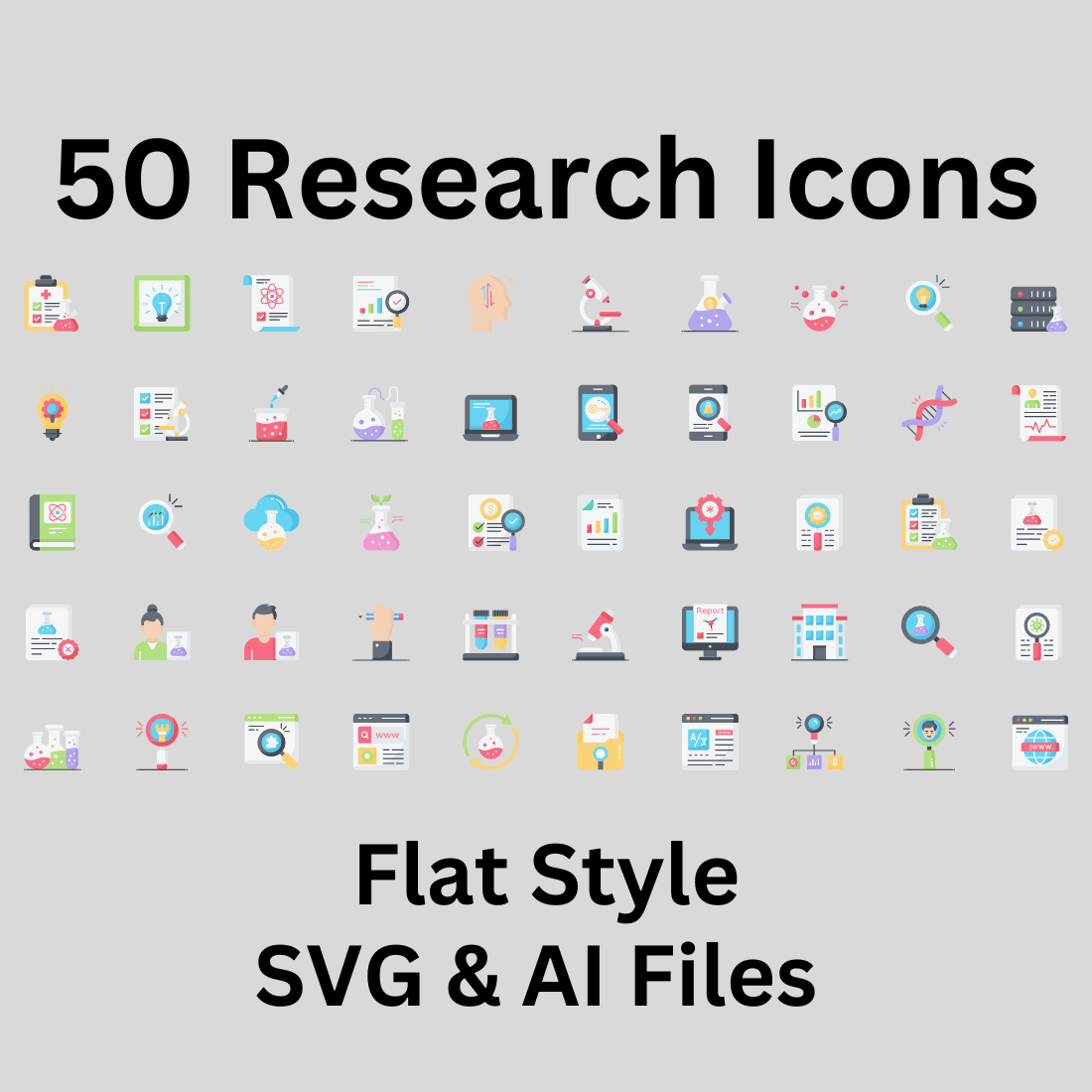 Research Icon Set 50 Flat Icons - SVG And AI Files preview image.