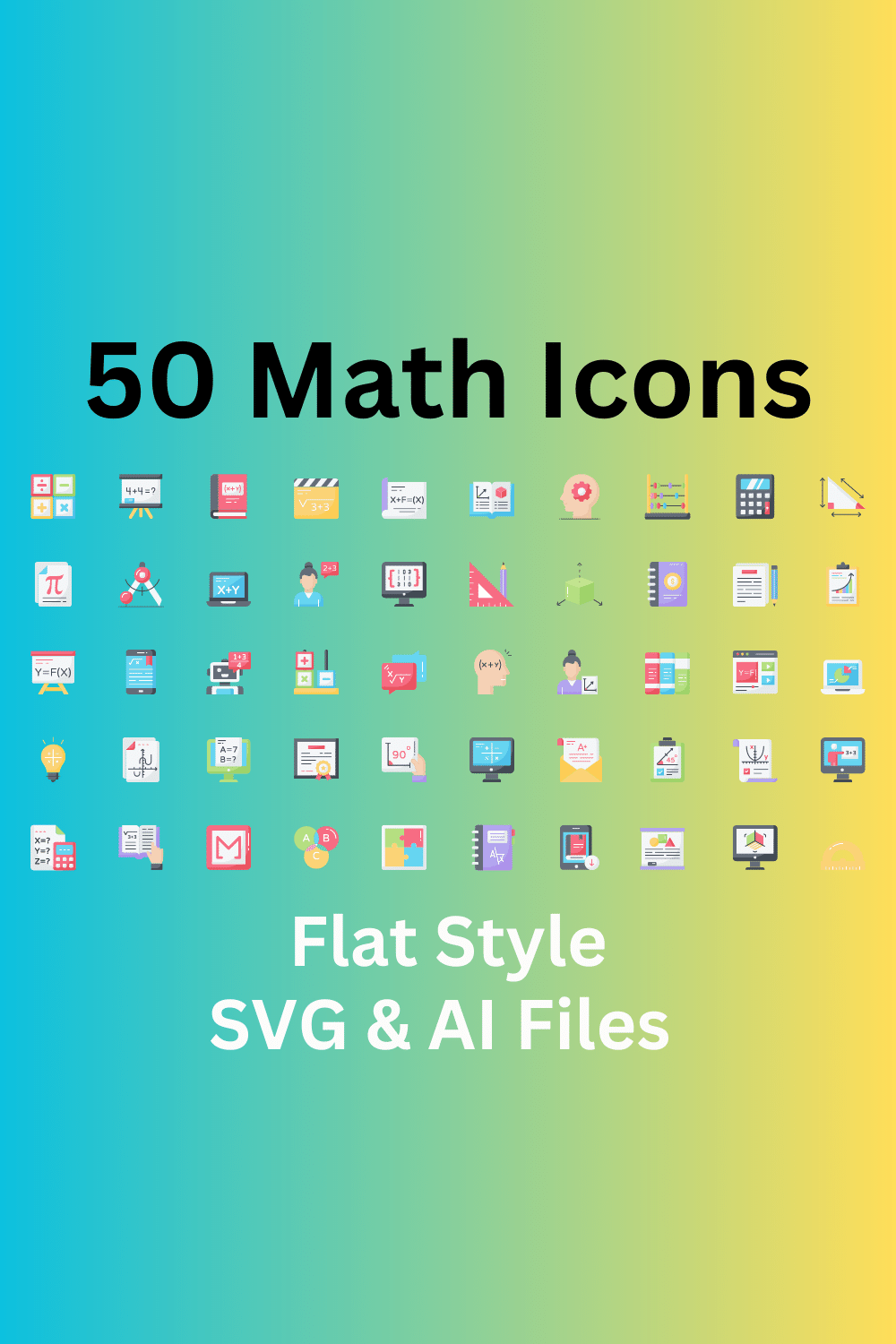 Math Icon Set 50 Flat Icons - SVG And AI Files pinterest preview image.