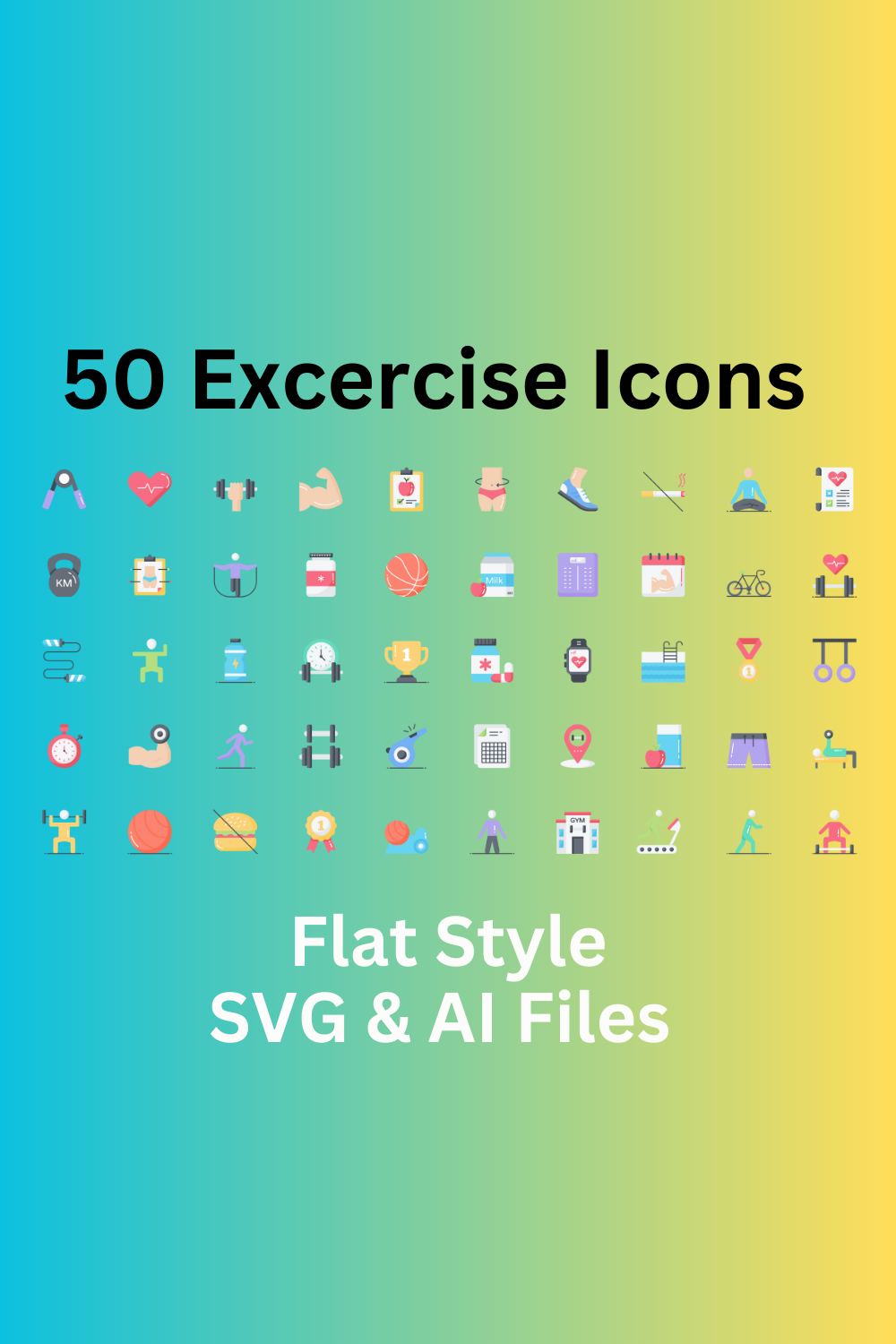 Exercise Icon Set 50 Flat Icons - SVG And AI Files pinterest preview image.
