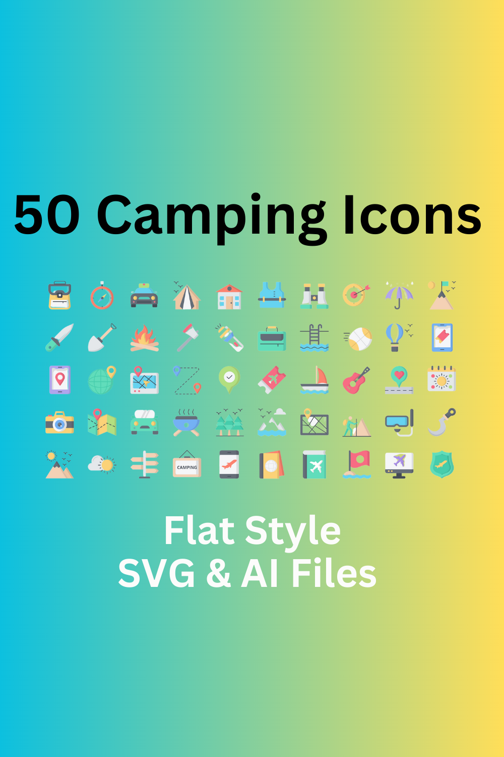 Camping Icon Set 50 Flat Icons - SVG And AI Files pinterest preview image.