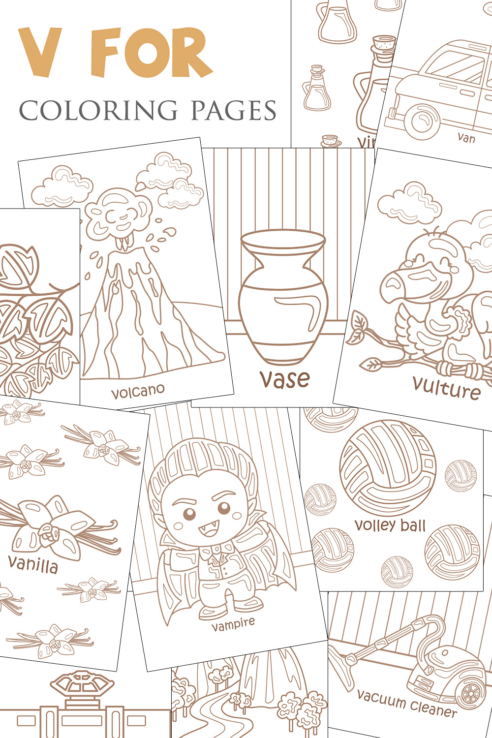 Alphabet V For Vocabulary School Letter Reading Writing Font Study Learning Student Toodler Kids Valve Volley Ball Vampire Vulture Van Vanilla Vacuum Cleaner Vinegar Vase Volcano Vines Valley Cartoon Lesson Coloring Pages For Kids and Adult Activity pinterest preview image.
