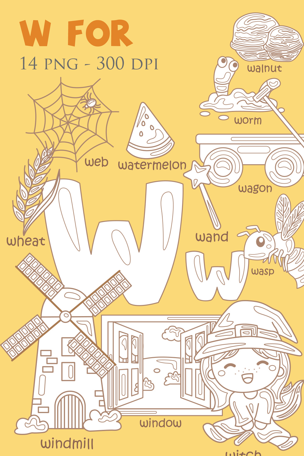 Alphabet W For Vocabulary School Letter Reading Writing Font Study Learning Student Toodler Kids Witch Wagon Web Worm Whale Watermelon Wheat Wand Window Windmill Walnut Wasp Cartoon Lesson Digital Stamp Outline pinterest preview image.