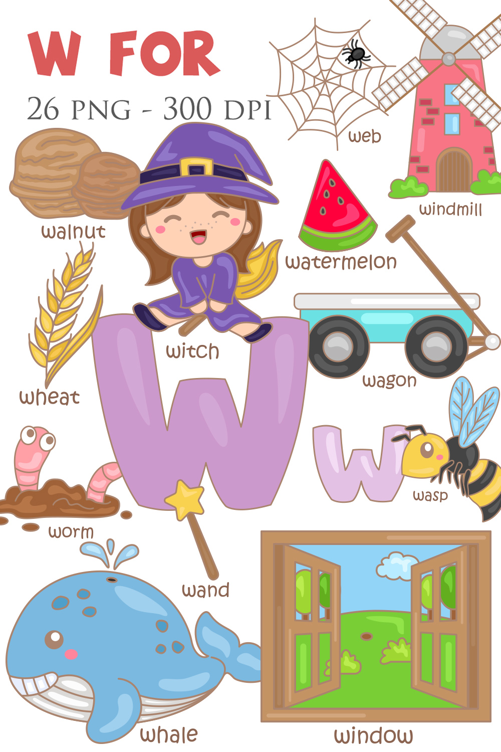 Alphabet W For Vocabulary School Letter Reading Writing Font Study Learning Student Toodler Kids Witch Wagon Web Worm Whale Watermelon Wheat Wand Window Windmill Walnut Wasp Cartoon Lesson Illustration Vector Clipart Sticker pinterest preview image.