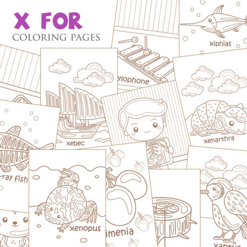 Alphabet X For Vocabulary School Letter Reading Writing Font Study Learning Student Toodler Kids Xylem Ximenia Xray Kids Xray Fish Xylophone Xenarthra Xebec Xantus Xenopus Xiphias Xerus Xouba Lesson Cartoon Coloring Pages For Kids and Adult cover image.