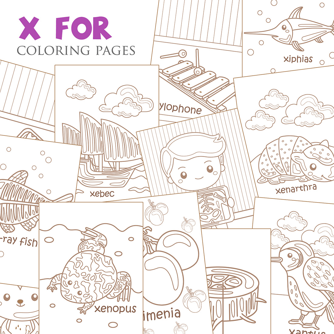 Alphabet X For Vocabulary School Letter Reading Writing Font Study Learning Student Toodler Kids Xylem Ximenia Xray Kids Xray Fish Xylophone Xenarthra Xebec Xantus Xenopus Xiphias Xerus Xouba Lesson Cartoon Coloring Pages For Kids and Adult cover image.