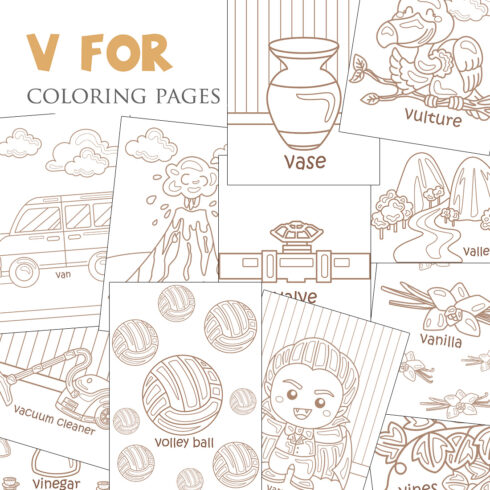 Alphabet V For Vocabulary School Letter Reading Writing Font Study Learning Student Toodler Kids Valve Volley Ball Vampire Vulture Van Vanilla Vacuum Cleaner Vinegar Vase Volcano Vines Valley Cartoon Lesson Coloring Pages For Kids and Adult Activity cover image.
