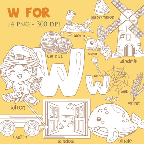 Alphabet W For Vocabulary School Letter Reading Writing Font Study Learning Student Toodler Kids Witch Wagon Web Worm Whale Watermelon Wheat Wand Window Windmill Walnut Wasp Cartoon Lesson Digital Stamp Outline cover image.