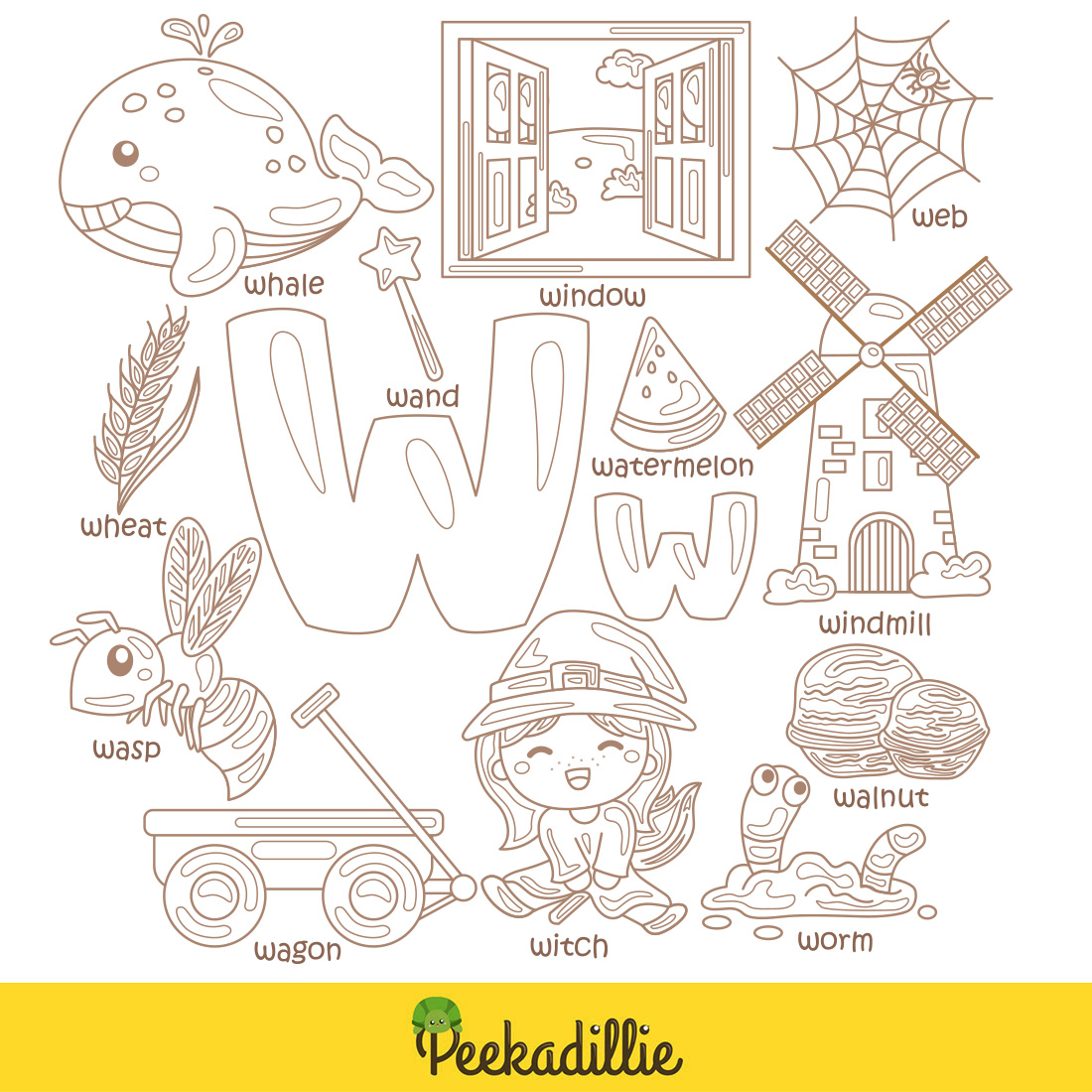 Alphabet W For Vocabulary School Letter Reading Writing Font Study Learning Student Toodler Kids Witch Wagon Web Worm Whale Watermelon Wheat Wand Window Windmill Walnut Wasp Cartoon Lesson Digital Stamp Outline preview image.