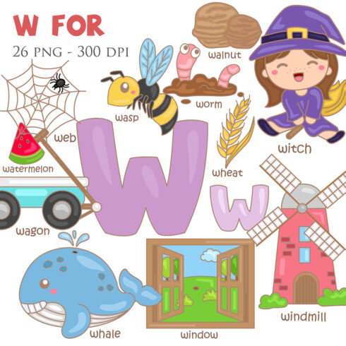Alphabet W For Vocabulary School Letter Reading Writing Font Study Learning Student Toodler Kids Witch Wagon Web Worm Whale Watermelon Wheat Wand Window Windmill Walnut Wasp Cartoon Lesson Illustration Vector Clipart Sticker cover image.