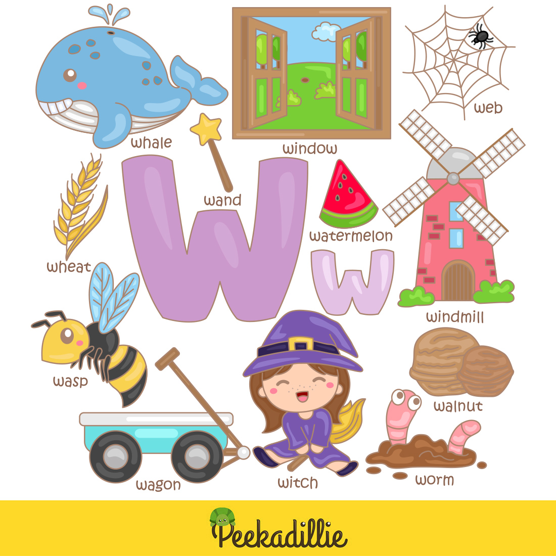 Alphabet W For Vocabulary School Letter Reading Writing Font Study Learning Student Toodler Kids Witch Wagon Web Worm Whale Watermelon Wheat Wand Window Windmill Walnut Wasp Cartoon Lesson Illustration Vector Clipart Sticker preview image.