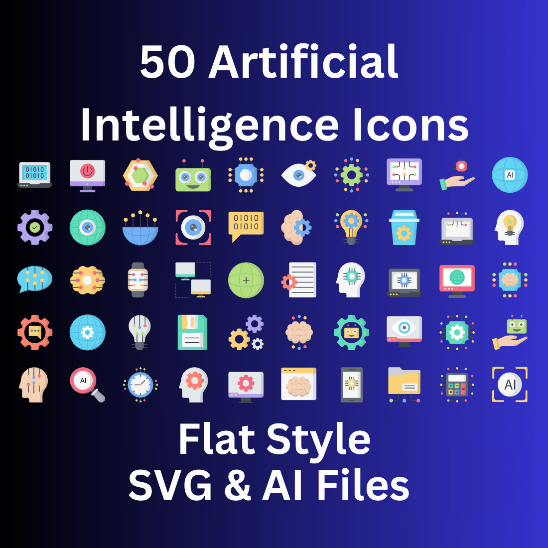 Artificial Intelligence Icon Set 50 Flat Icons - SVG And AI preview image.