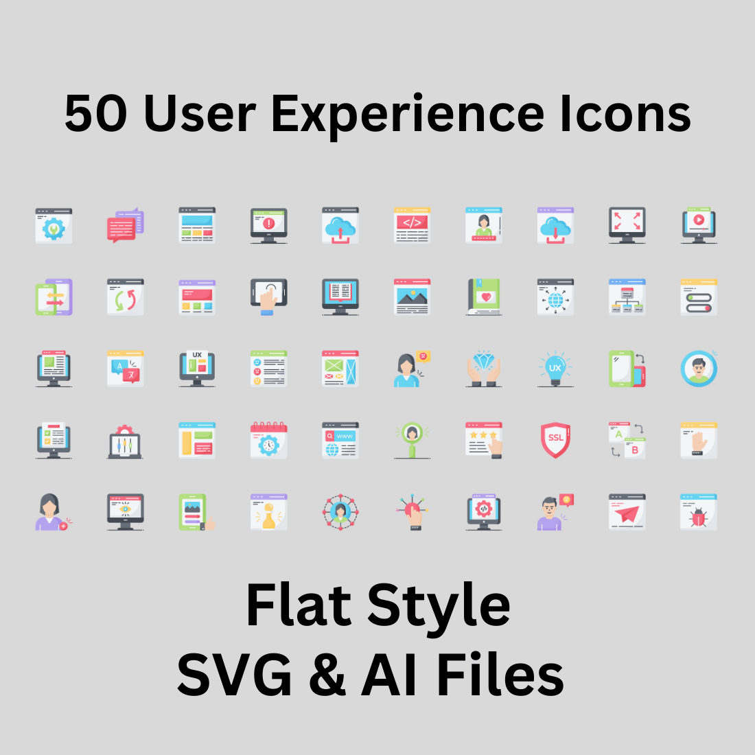 User Experience Icon Set 50 Flat Icons - SVG And AI Files preview image.