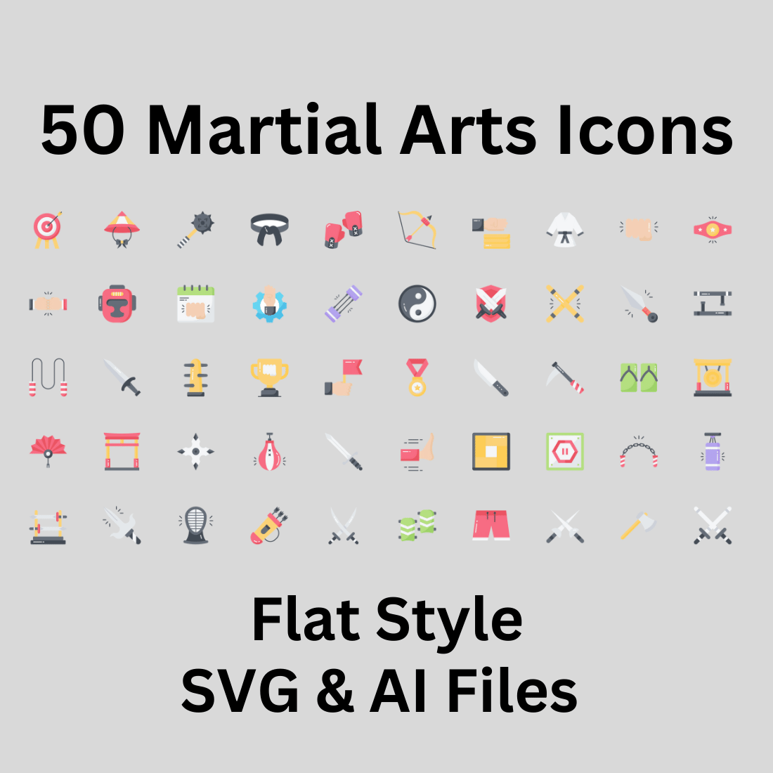 Martial Arts Icon Set 50 Flat Icons - SVG And AI Files preview image.