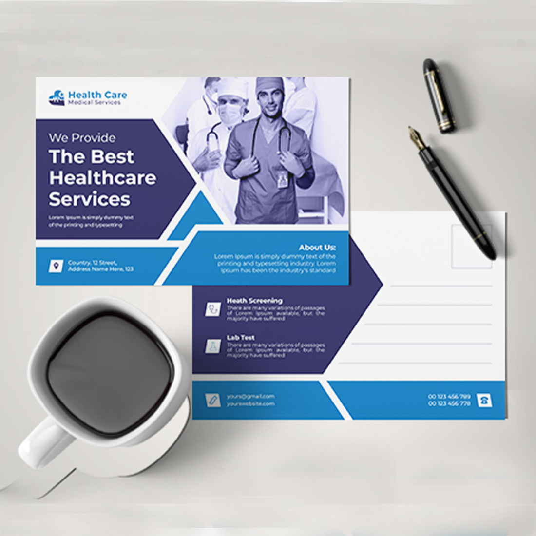 Medical and healthcare postcard designs preview image.