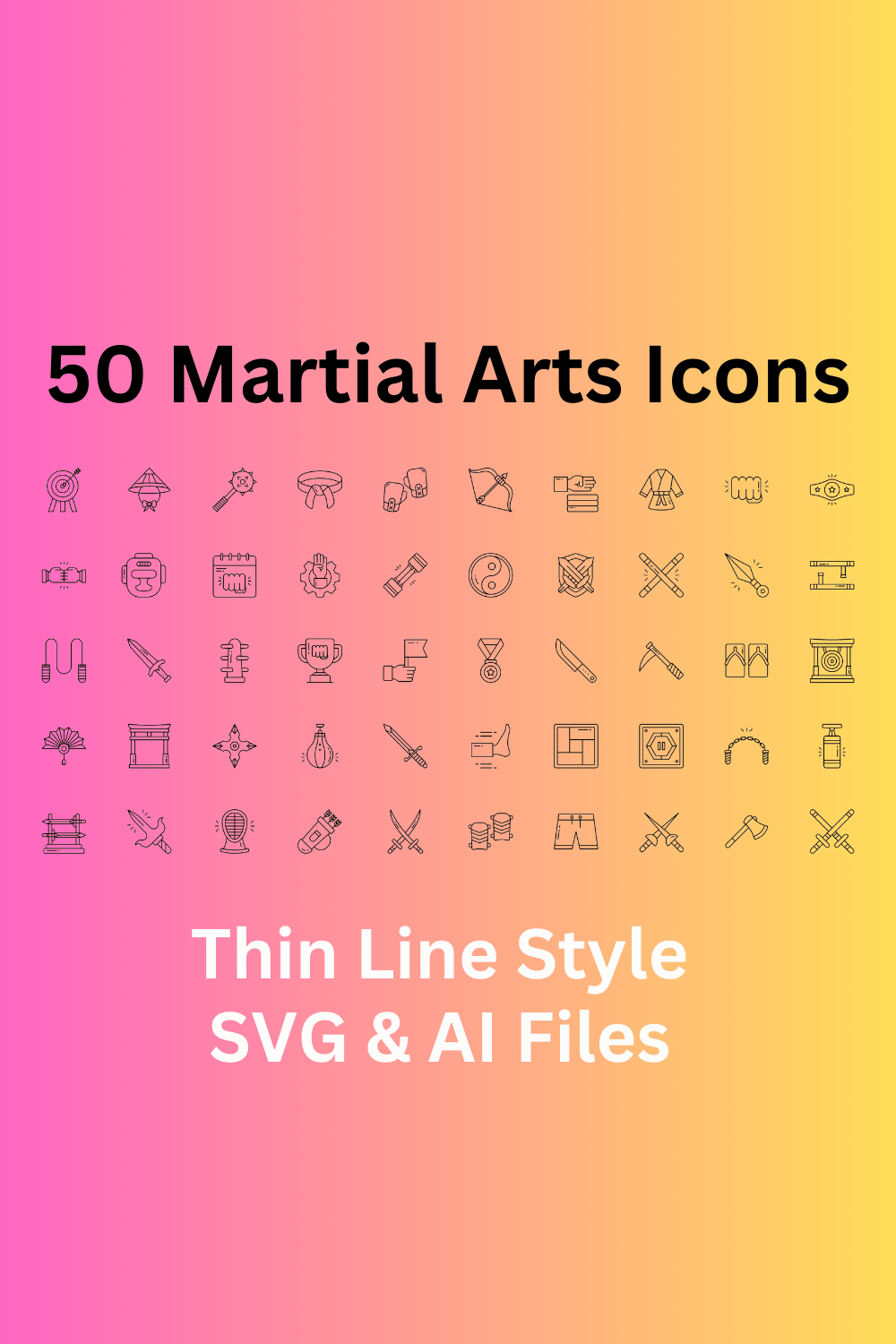 Martial Arts Icon Set 50 Outline Icons - SVG And AI Files pinterest preview image.