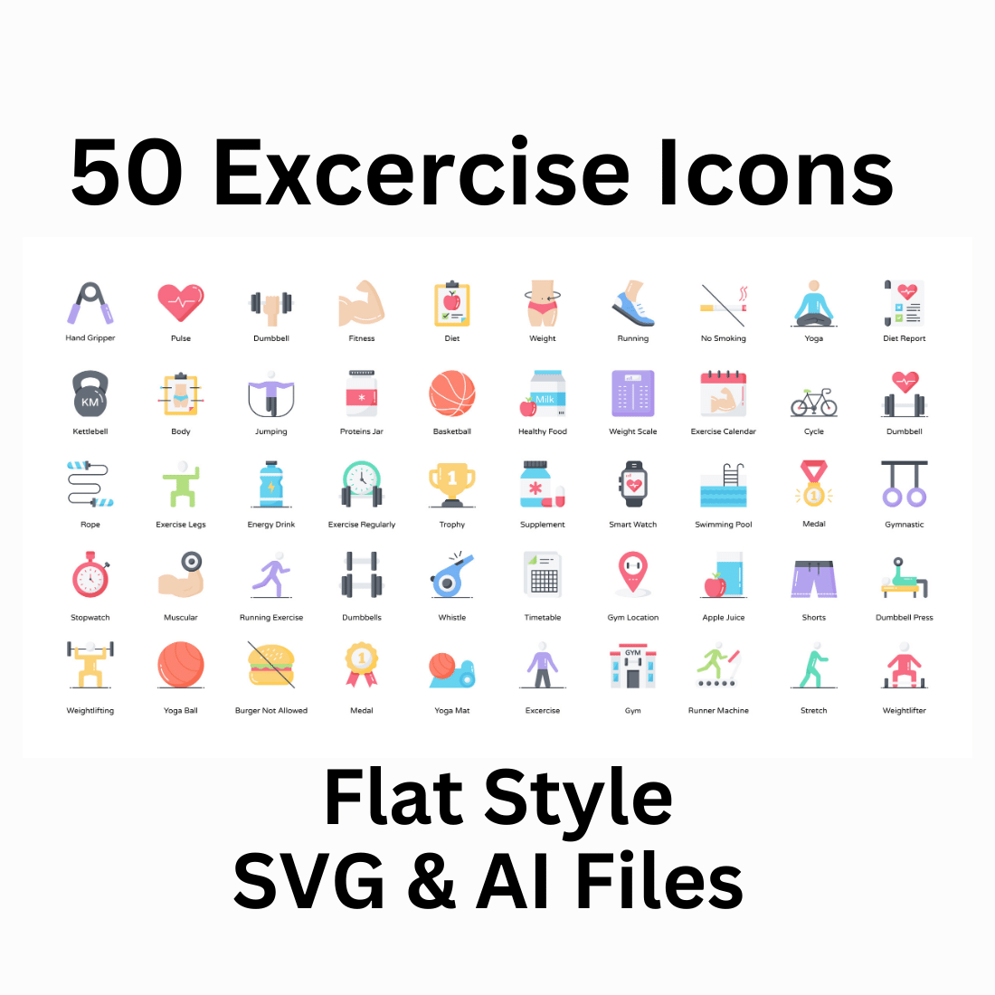 Exercise Icon Set 50 Flat Icons - SVG And AI Files preview image.