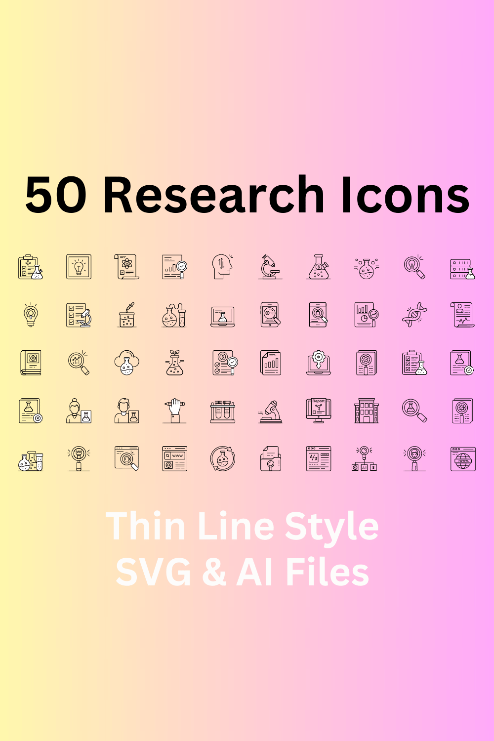 Research Icon Set 50 Outline Icons - SVG And AI Files pinterest preview image.