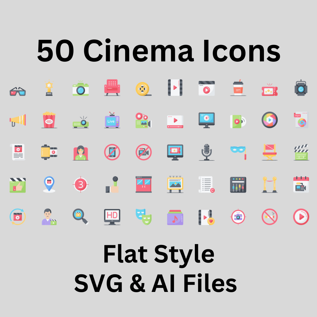 Cinema Icon Set 50 Flat Icons - SVG And AI Files preview image.