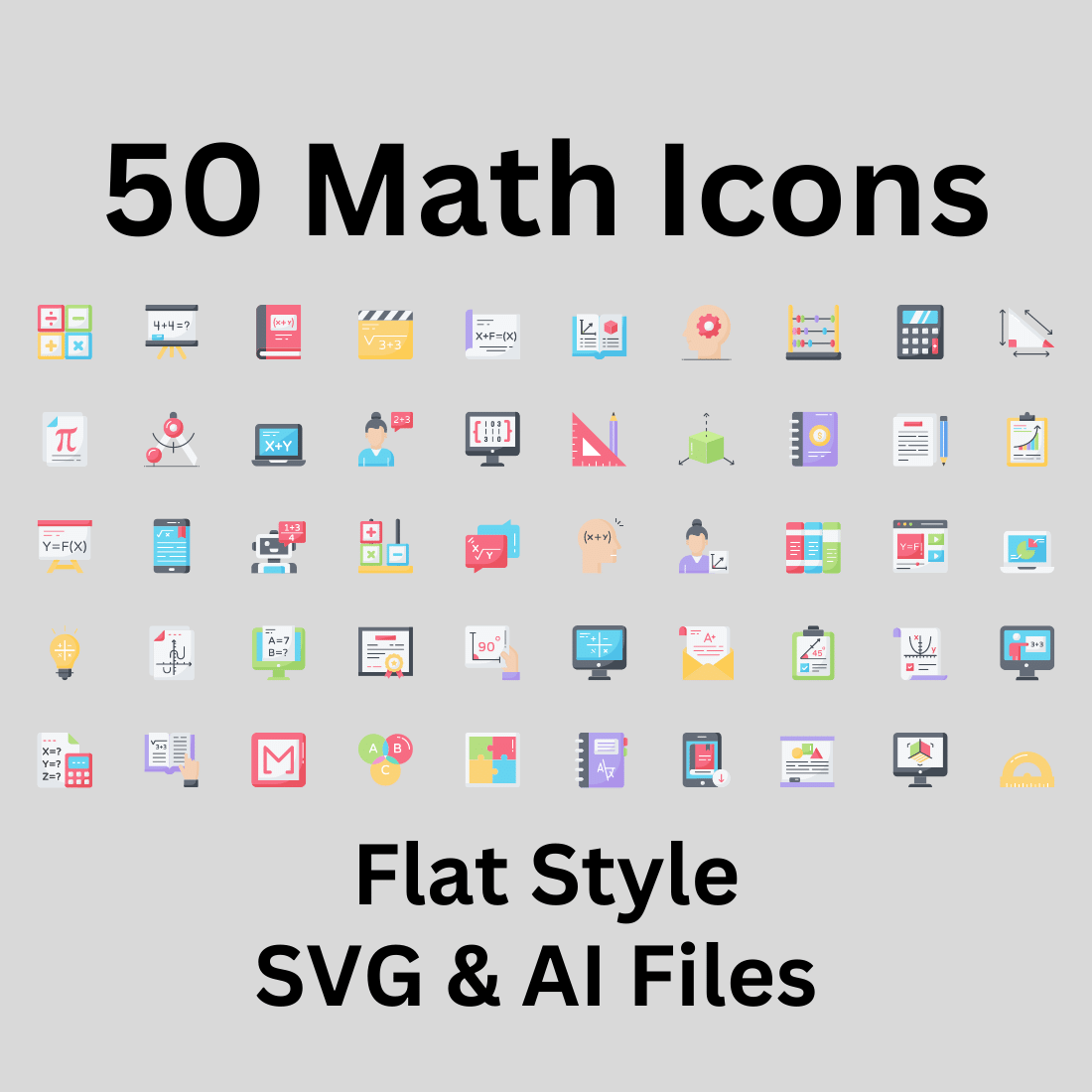 Math Icon Set 50 Flat Icons - SVG And AI Files preview image.
