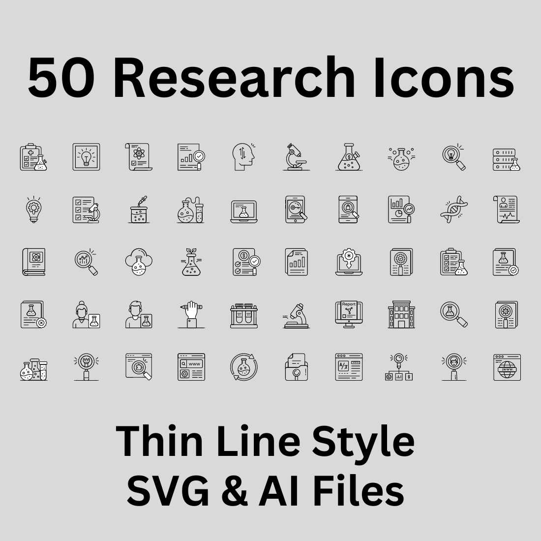 Research Icon Set 50 Outline Icons - SVG And AI Files preview image.