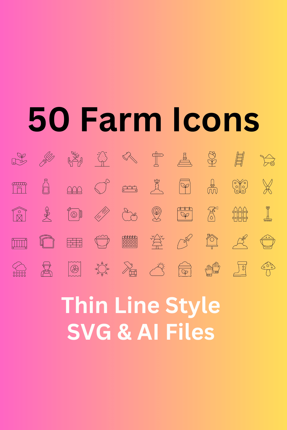 Farm Icon Set 50 Outline Icons - SVG And AI Files pinterest preview image.