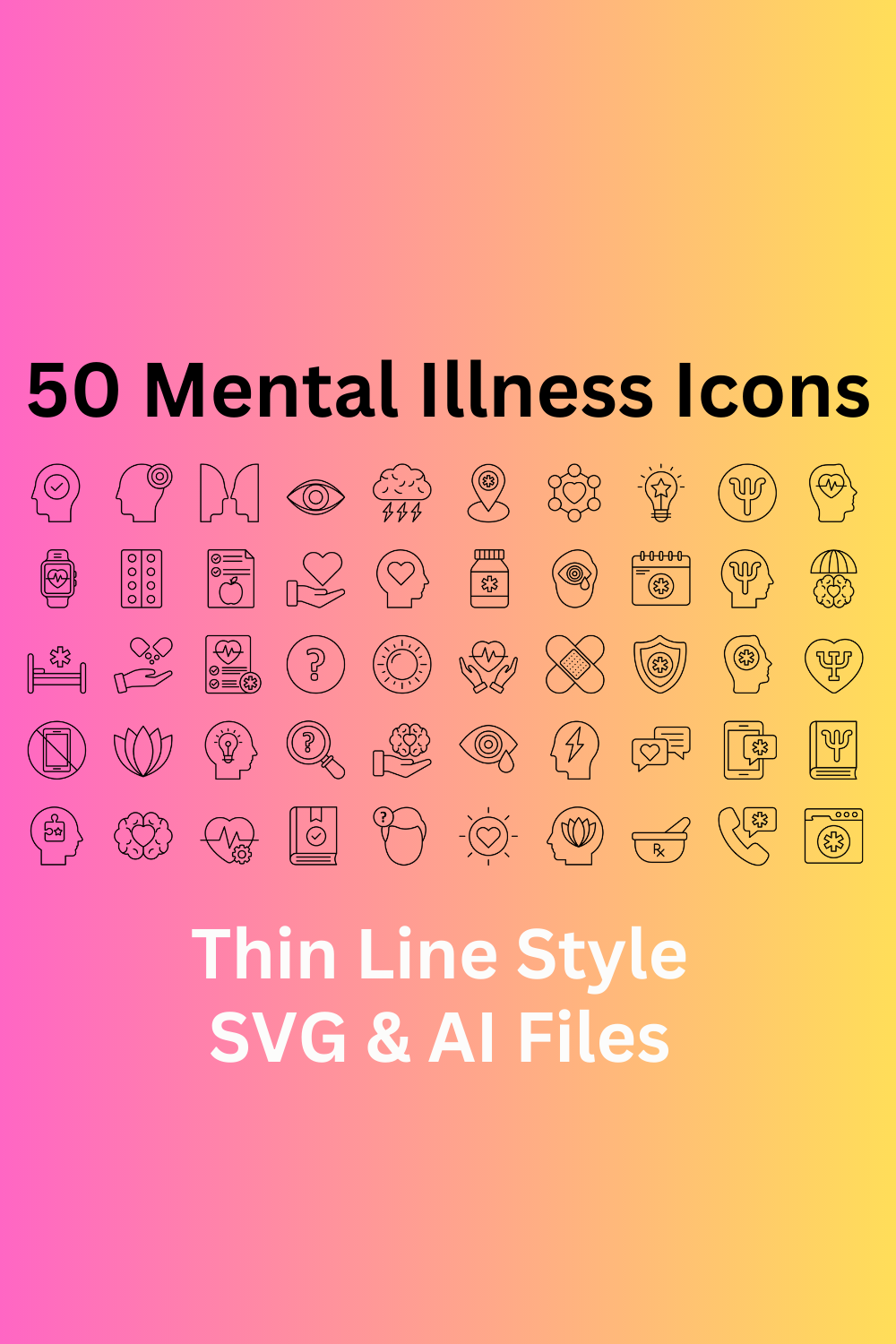 Mental Illness Icon Set 50 Outline Icons - SVG And AI Files pinterest preview image.