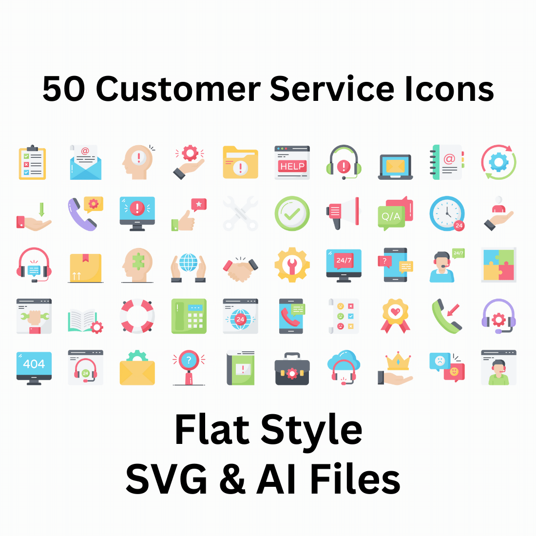 Customer Service Icon Set 50 Flat Icons - SVG And AI Files preview image.